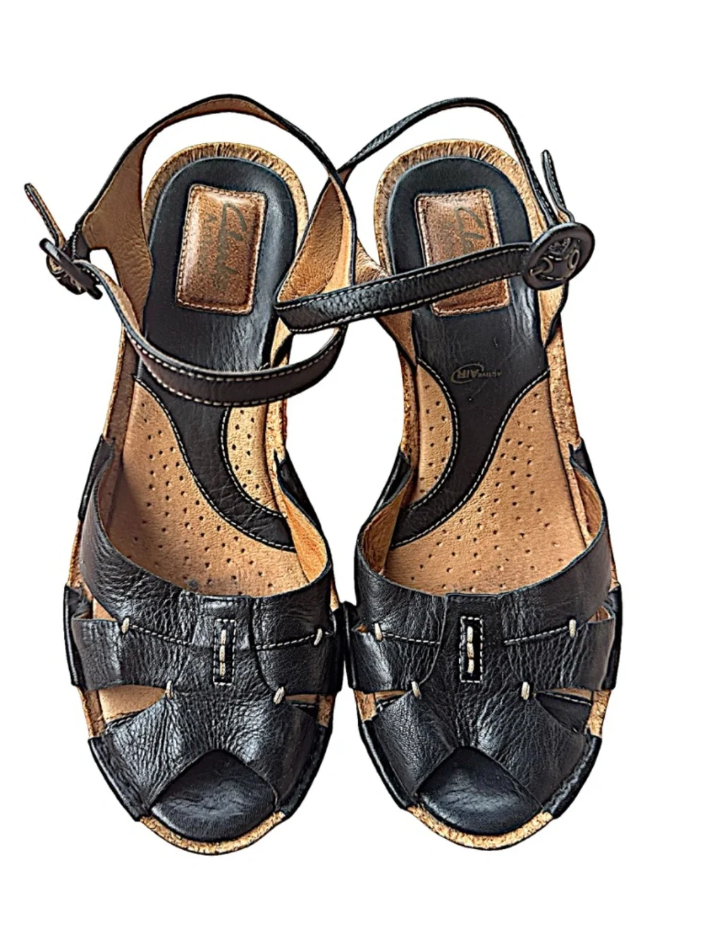 CLARKS Artisan Women’s Wedge Sandals 8Size M Black Leather Cork Heel Shoes